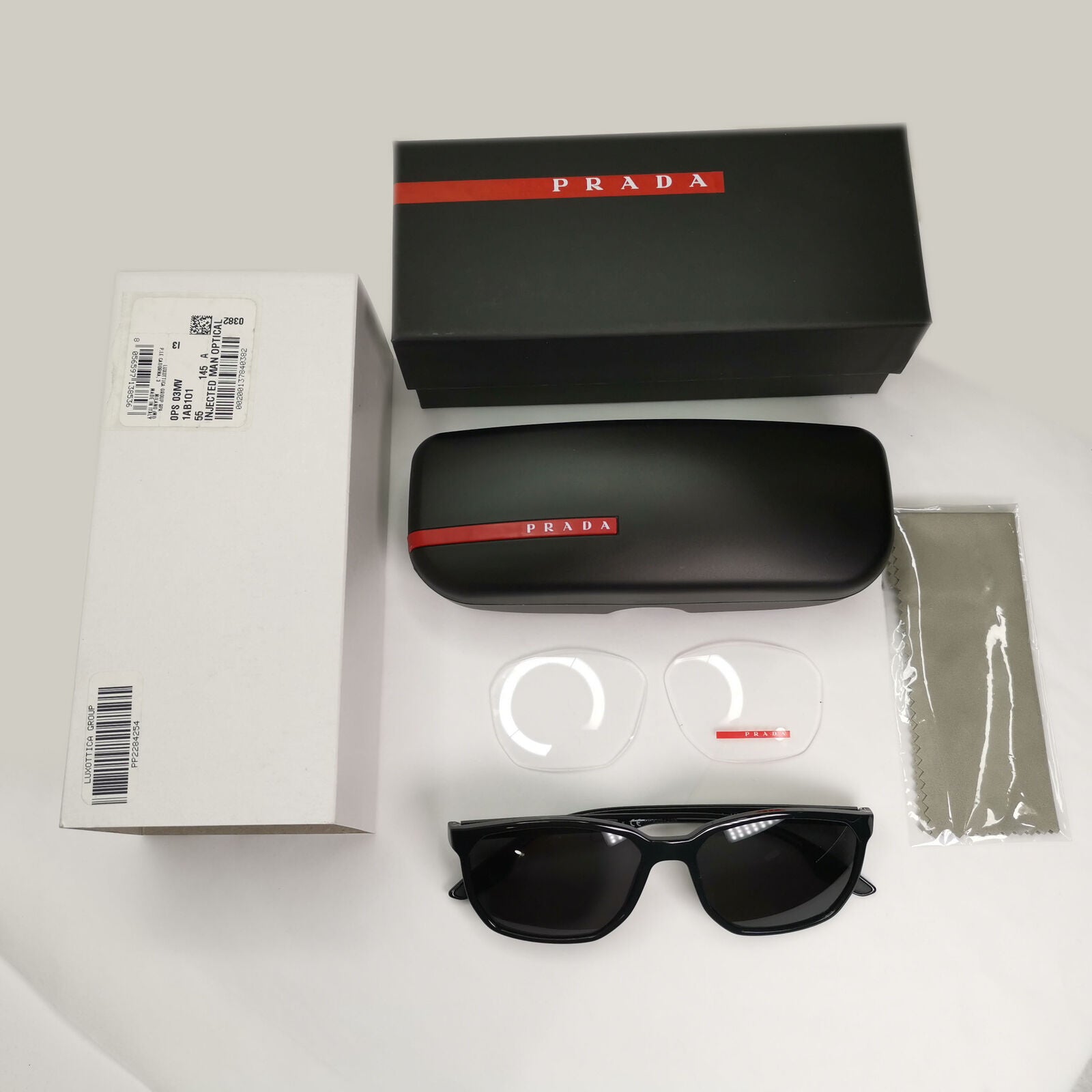 Prada Sunglasses Black Glossy Square Red Stripe PS03MV VPS 03M 1AB-1O1 55mm