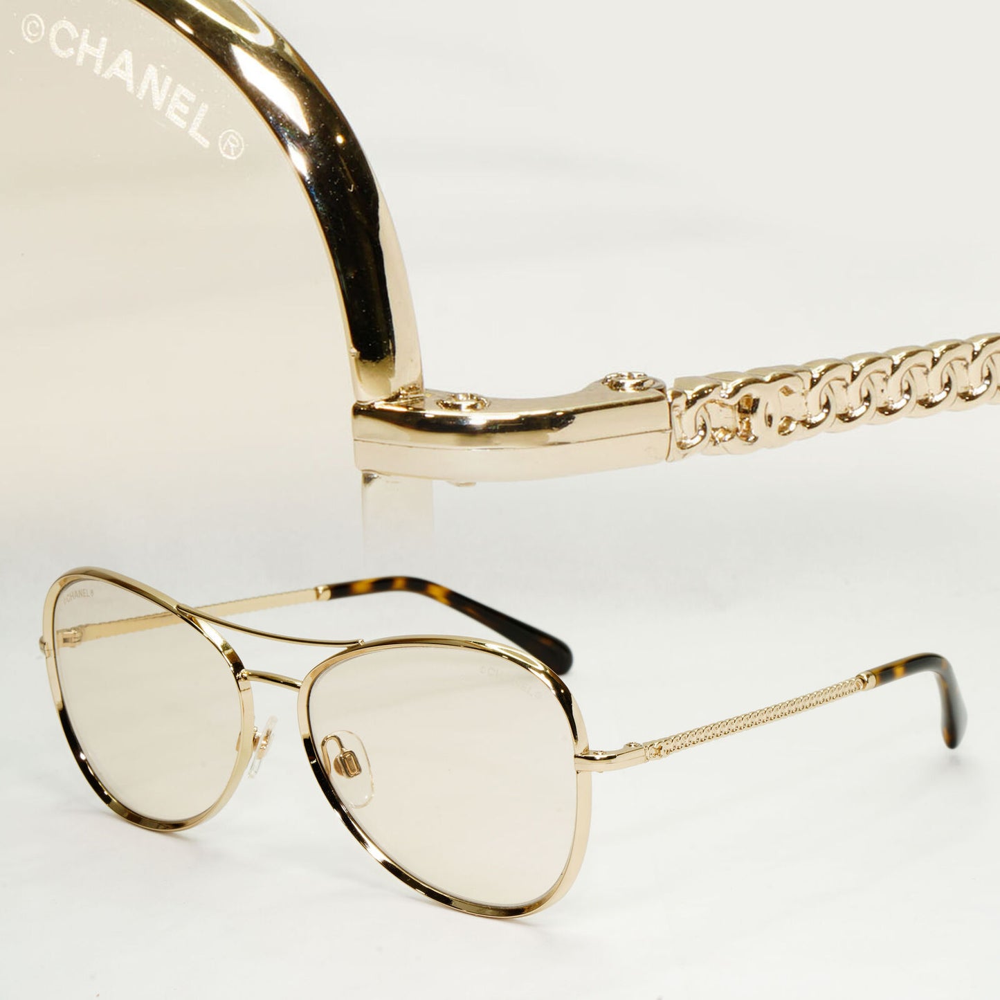 Chanel Sunglasses Gold Brown Square Metal Chain 2181-S c.395 56mm Cat 1