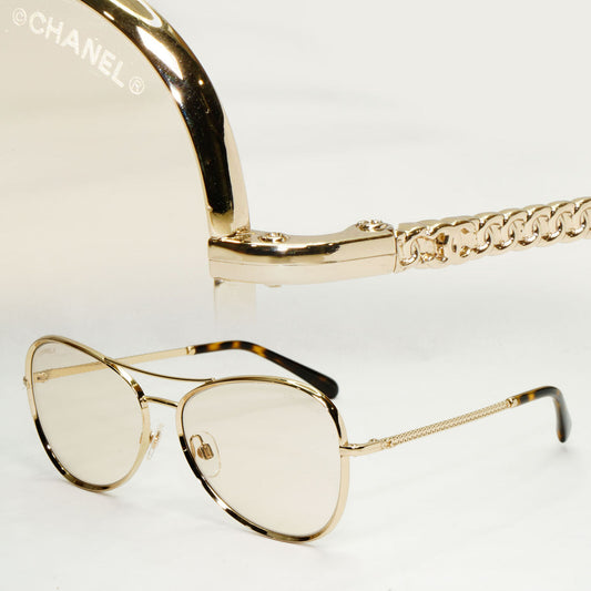 Chanel Sunglasses Gold Brown Square Metal Chain 2181-S c.395 56mm Cat 1