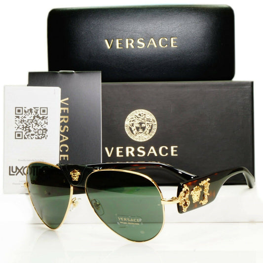 Versace Gold Medusa Ornate Brown Green Sunglasses Pilot Tortoise 2150-Q 1002/71