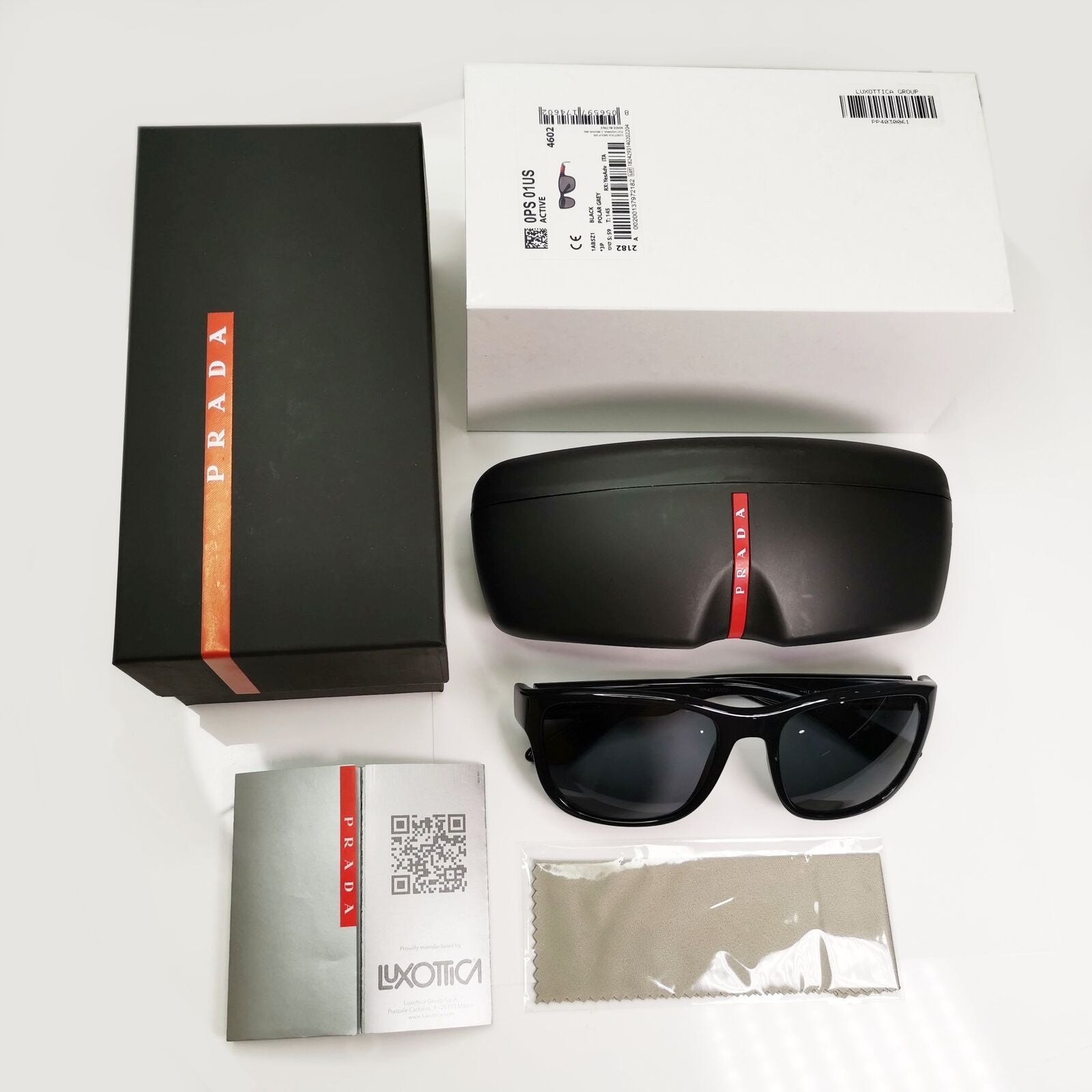 Prada Polarised Black Sunglasses Square Red Stripe PS01US SPS 01U 1AB-5Z1 59mm