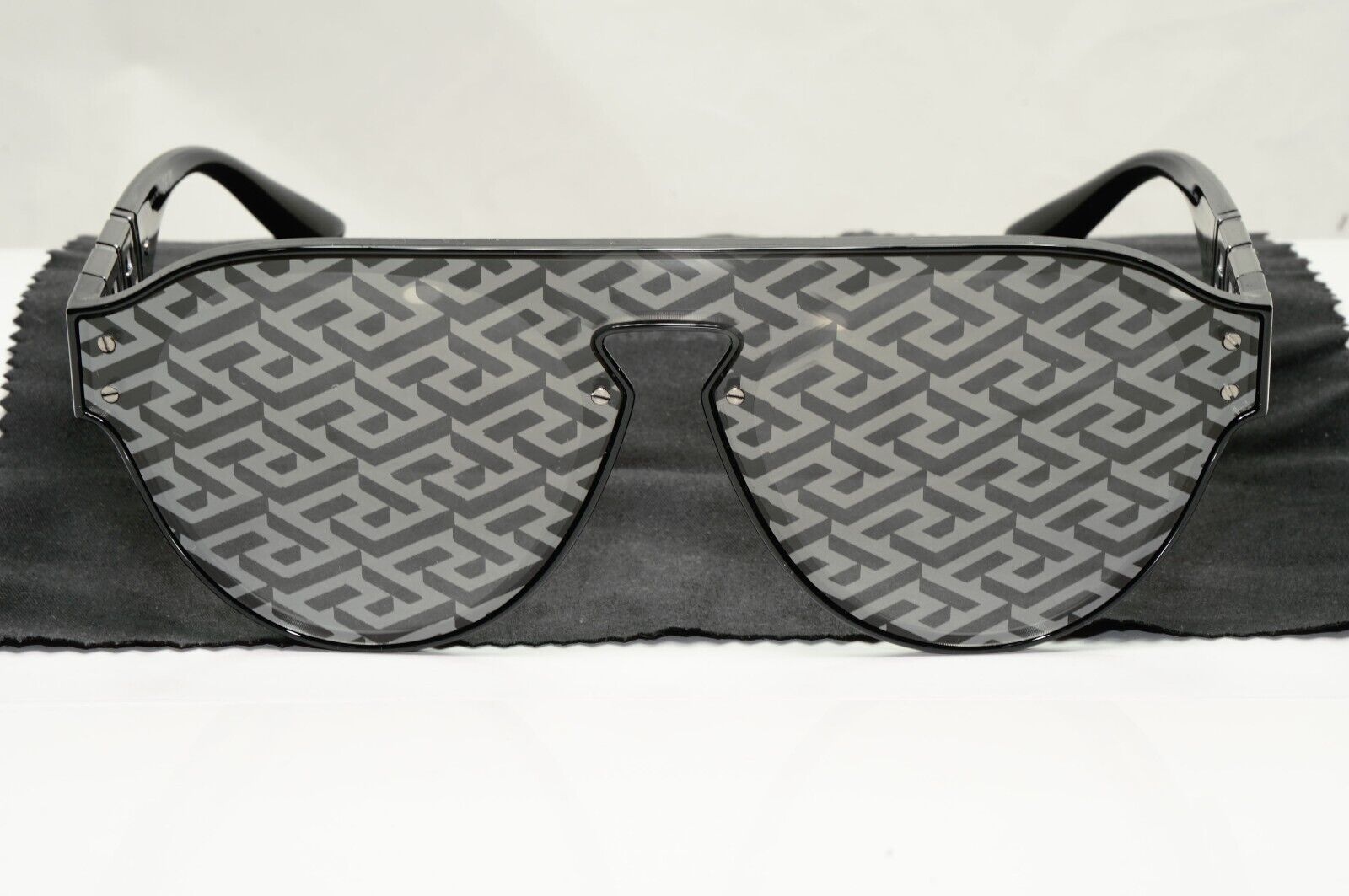 Versace Monogram Mirror Sunglasses Black Silver Pattern Pilot VE 4420 GB1/AL