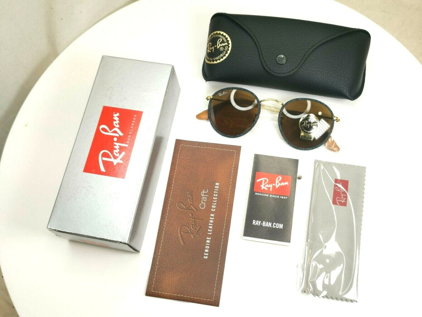 Ray-Ban Round Gold Sunglasses Blue Brown Craft Denim RB 3475-Q 9192/33 30674
