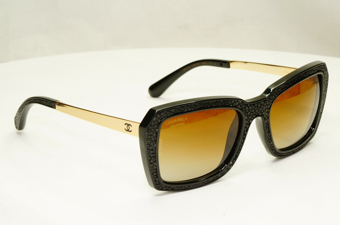 Chanel Stingray Leather Sunglasses Polarized Black Gold Brown 6047-Q 622/S9