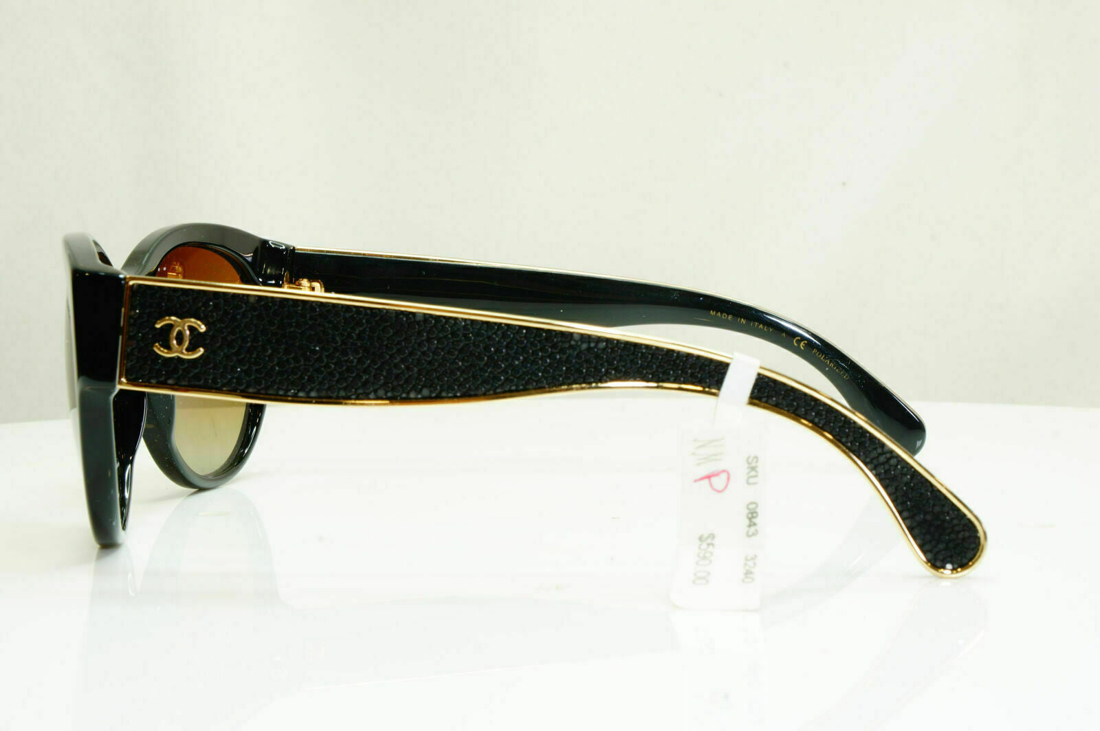Chanel Polarized Stingray Leather Sunglasses Black Gold Womens 5273 622/S0 26743