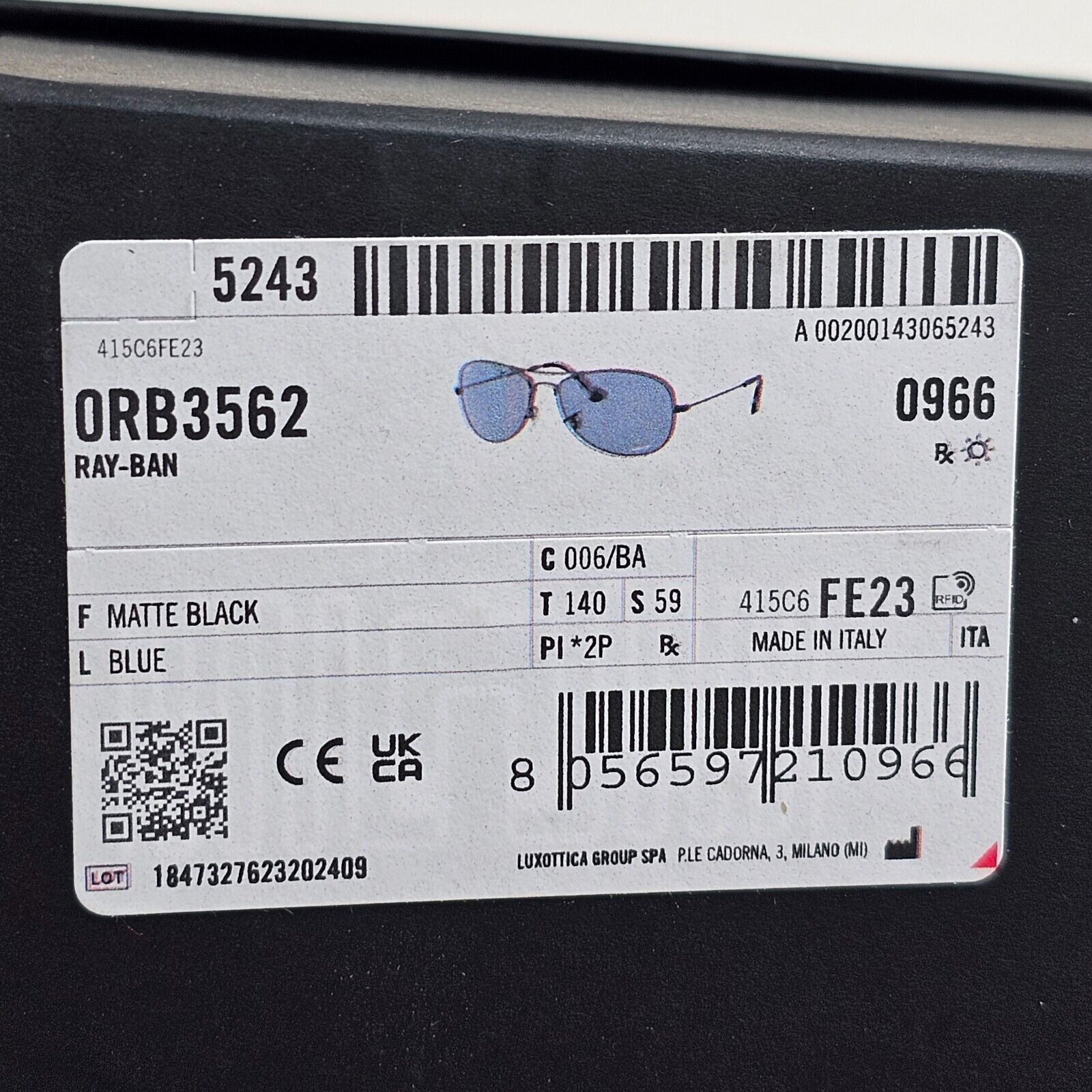 Ray-Ban Sunglasses Polarized Chromance Black Blue Pilot RB 3562 006/BA 59mm [a]