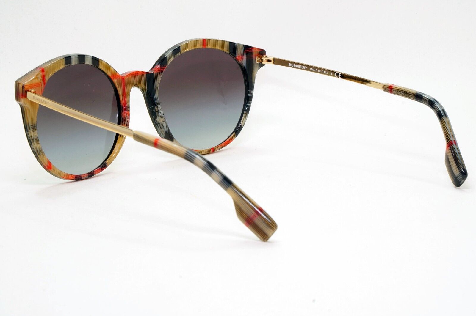 Burberry Sunglasses Black Gold Grey Gradient Round Plaid Check BE 4296 3806/8G
