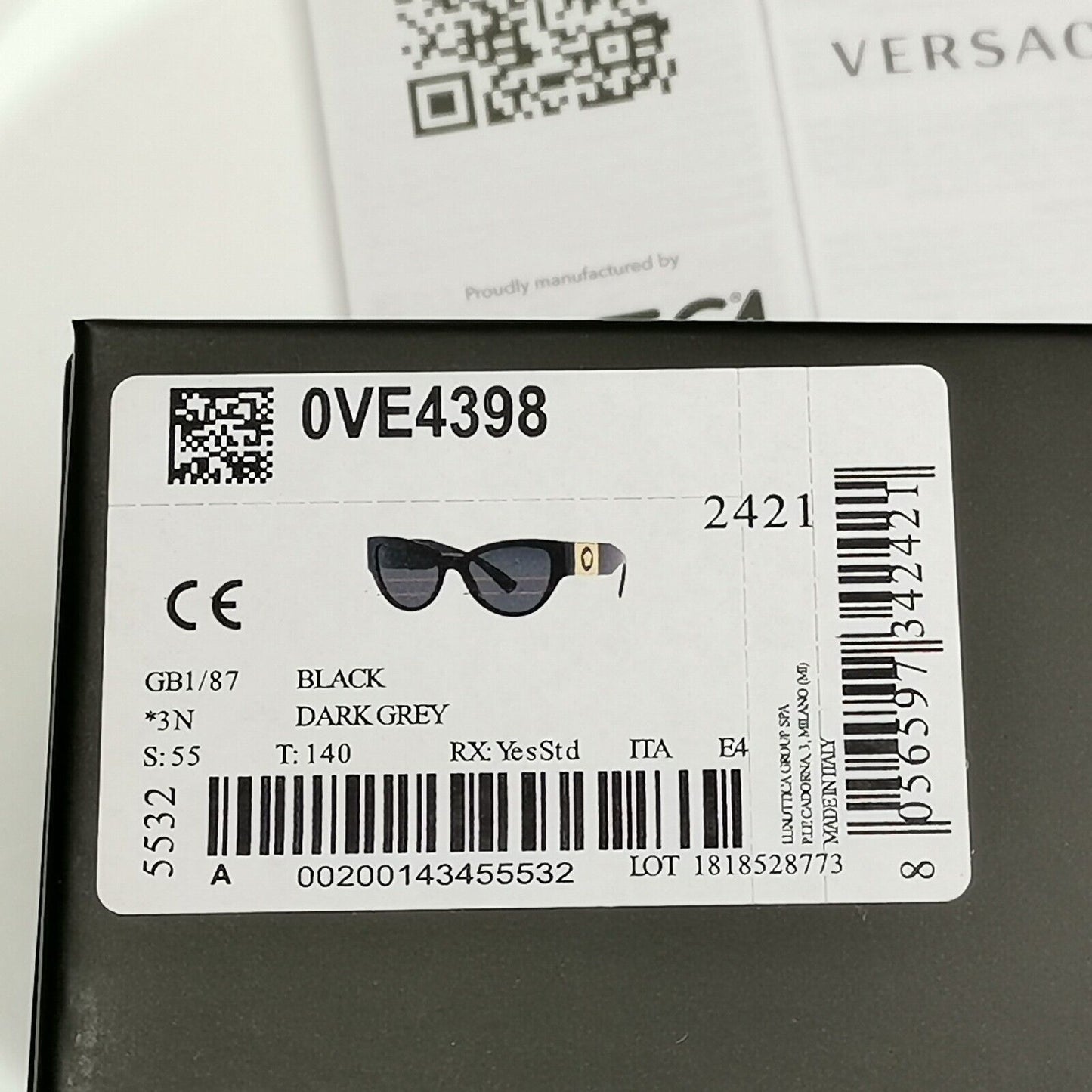 Versace Sunglasses Black Gold Medusa Glossy Square MOD VE4398 GB1/87