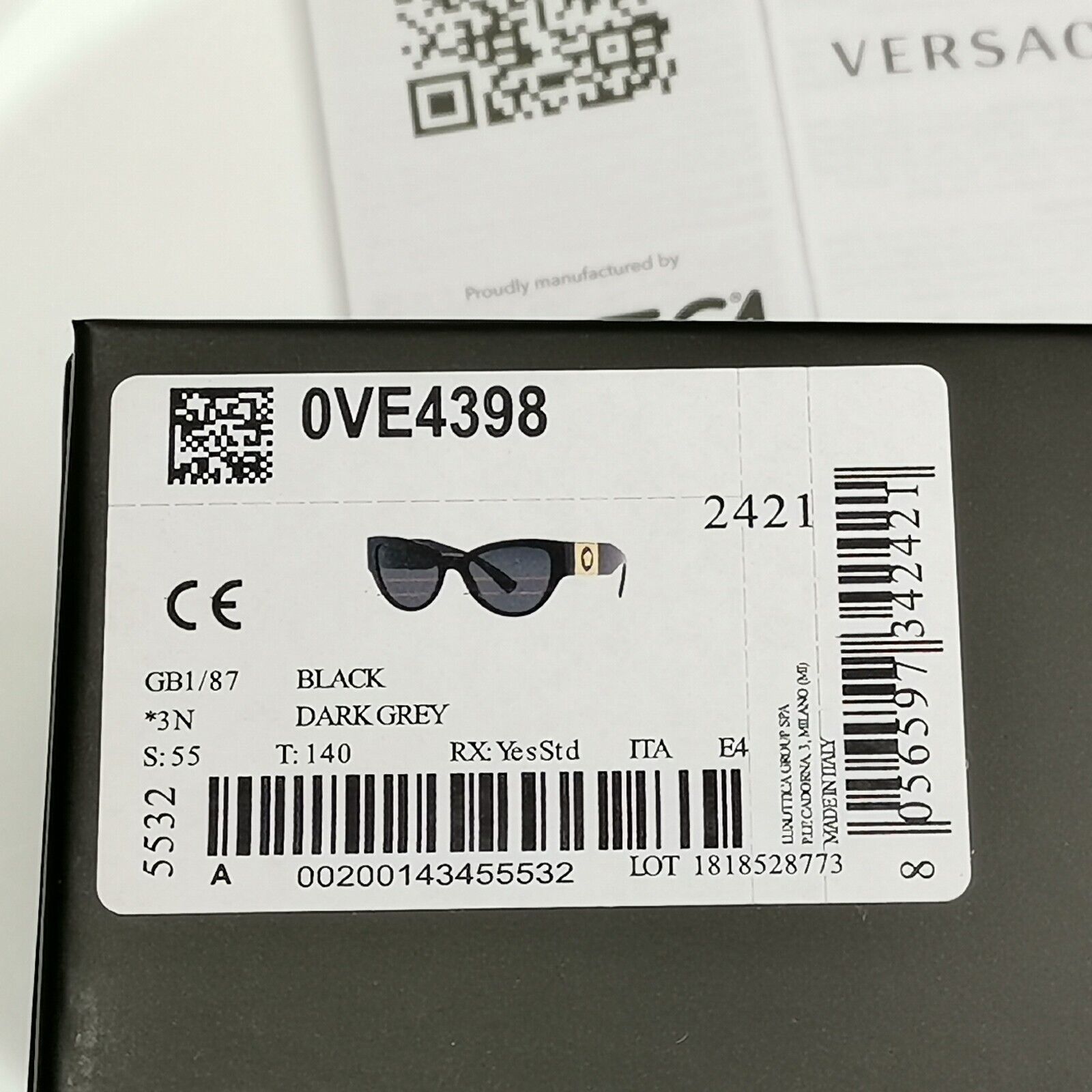 Versace Sunglasses Black Gold Medusa Glossy Square MOD VE4398 GB1/87