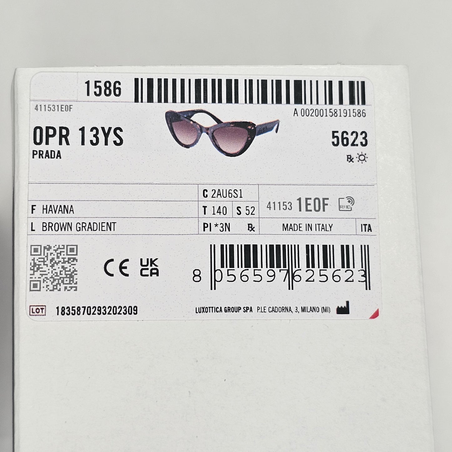 Prada Sunglasses Brown Tortoise Black Cat Eye PR13YS SPR 13Y 2AU-6S1 52mm