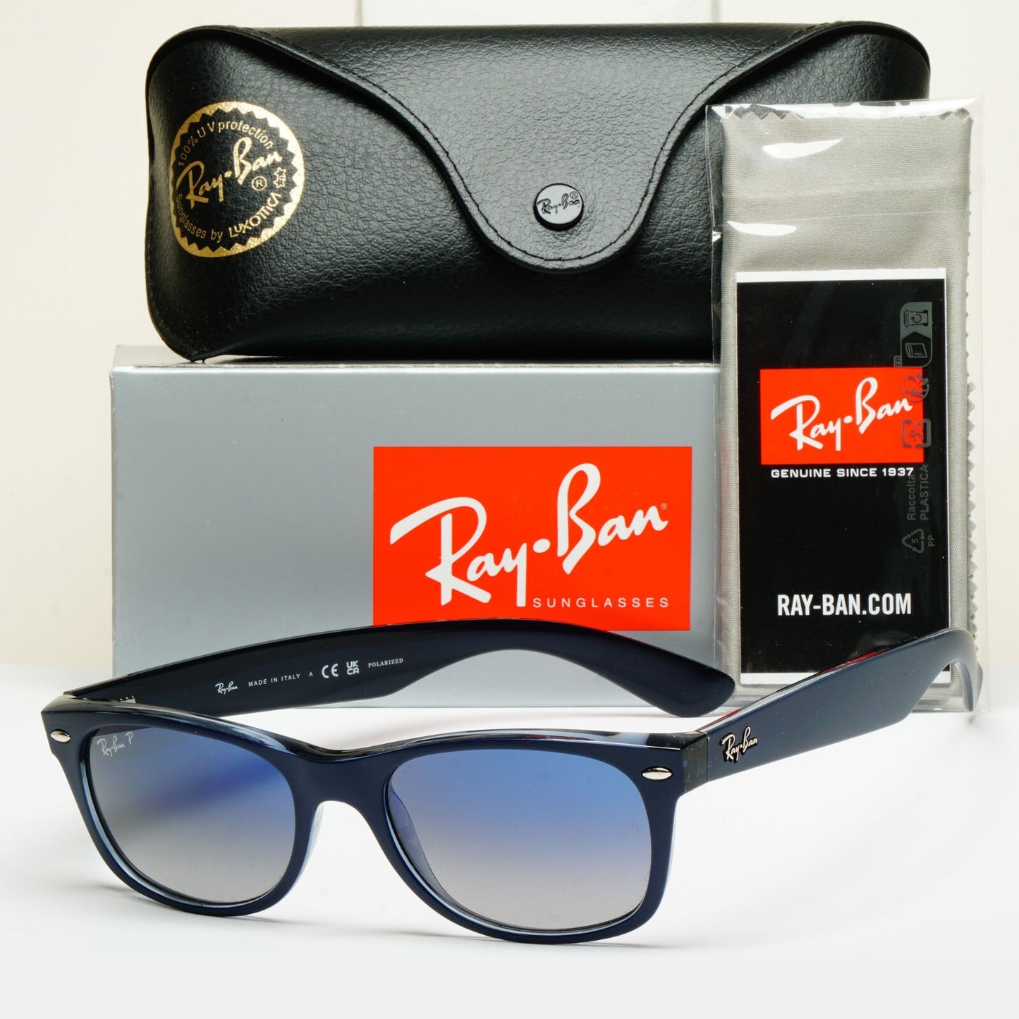 Ray-Ban Sunglasses Polarised New Wayfarer Blue Graident RB 2132 6607/78 52mm