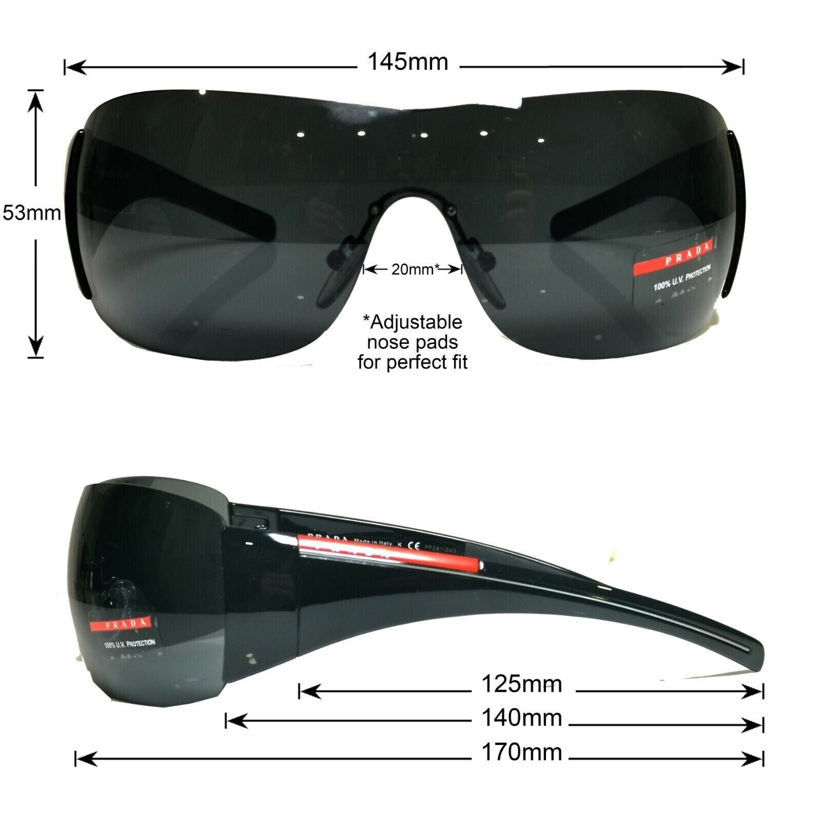 Prada Black Sunglasses Shield Visor Glossy Wrap Sport PS02LS SPS 02L 1AB-1A1