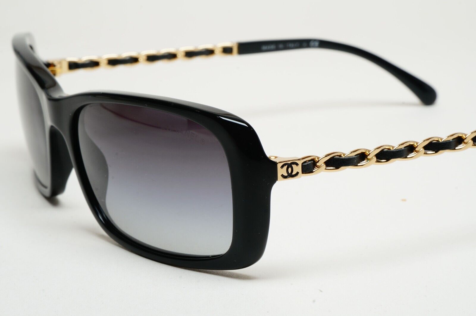 Chanel Sunglasses Black Gold Leather Chain Rectangle 5209-Q c.501/3C 050225