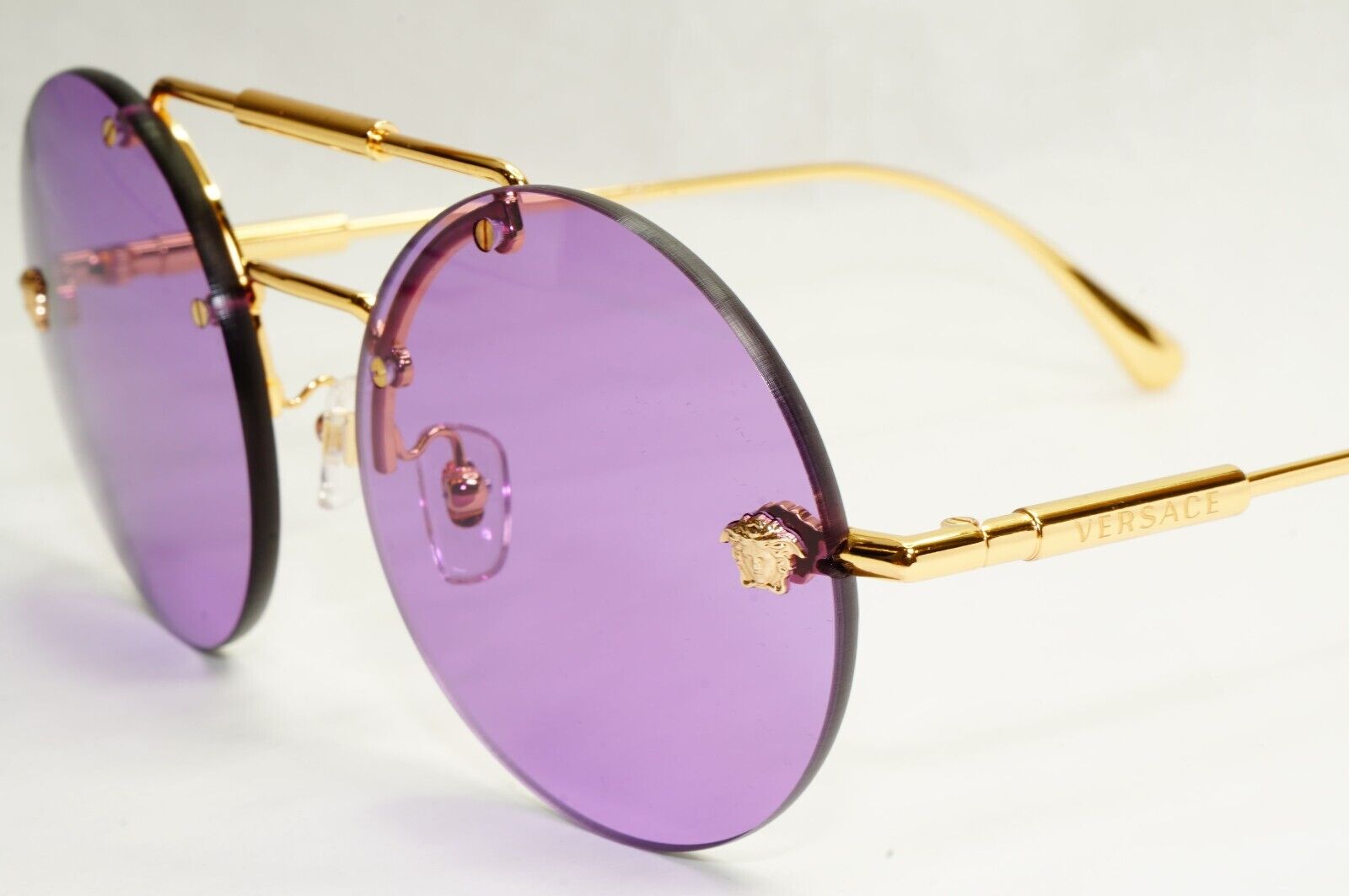 Versace Sunglasses Gold Round Rimless Medusa Violet MOD VE 2244 1002/69 56mm