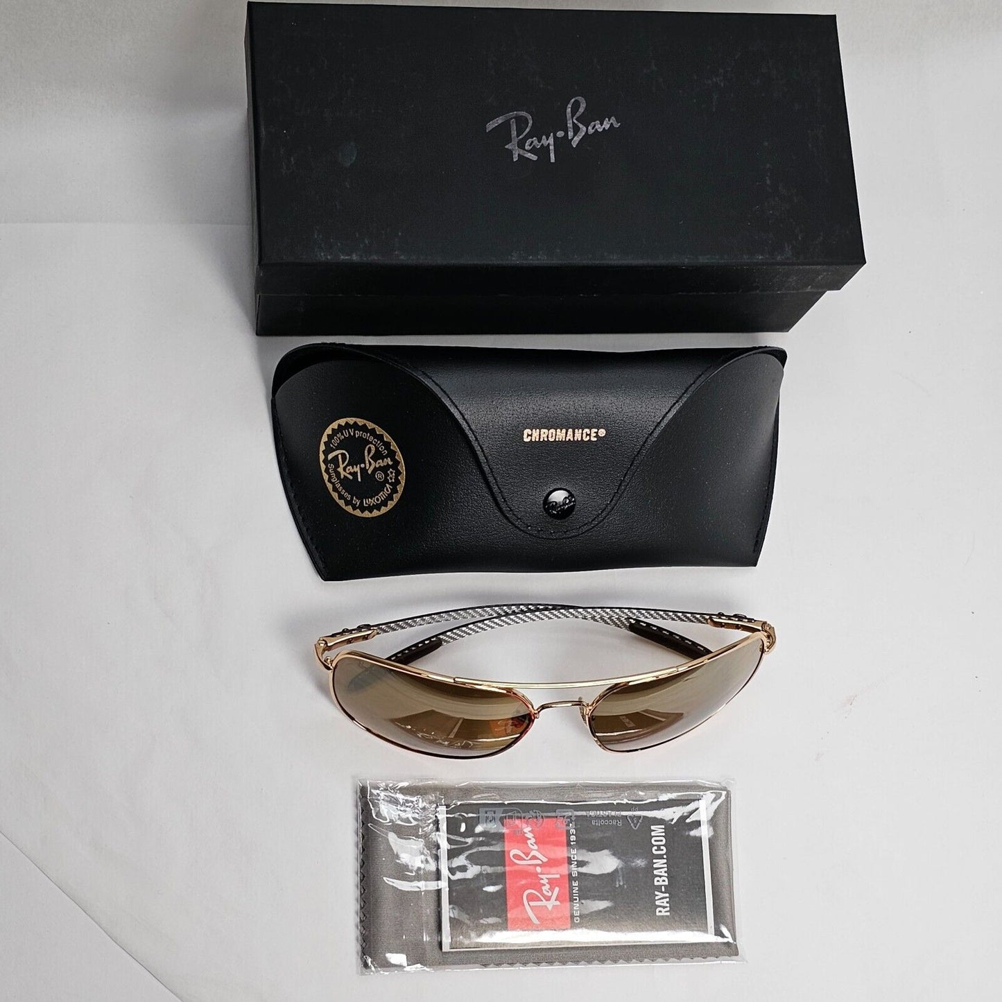 Ray-Ban Sunglasses Carbon Fibre Gold Chromance Polarized Brown RB 8332 CH 001/A3