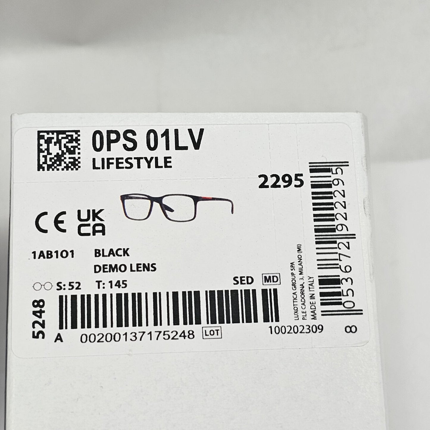 Prada Sunglasses Black Glossy Square Red Stripe PS01LV VPS 01L 1AB-1O1 52mm