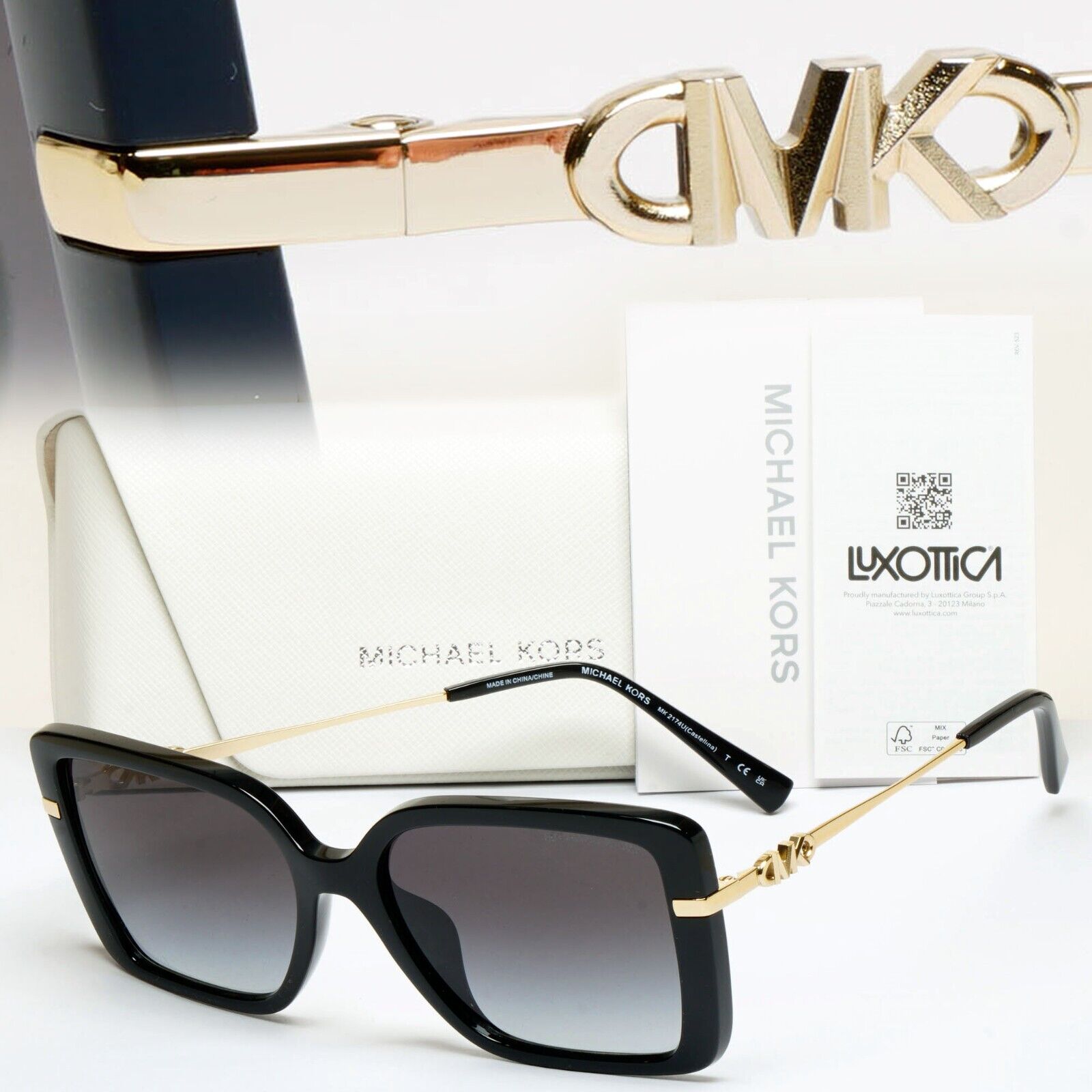 Michael Kors Sunglasses Black Gold Square Grey MK 2174U Castellina 3005/8G