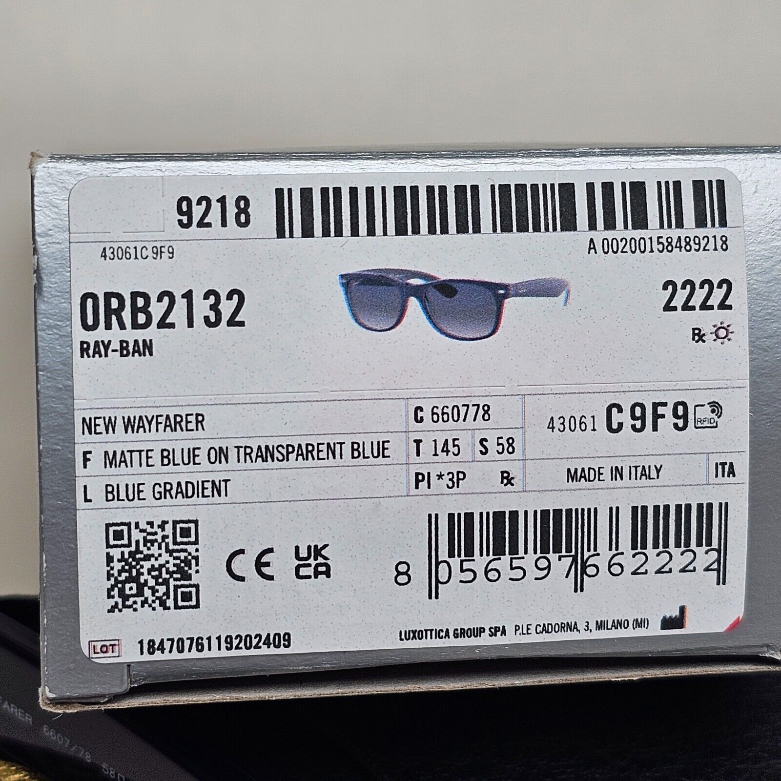 Ray-Ban Sunglasses Polarised New Wayfarer Blue Matte RB 2132 6607/78 58mm
