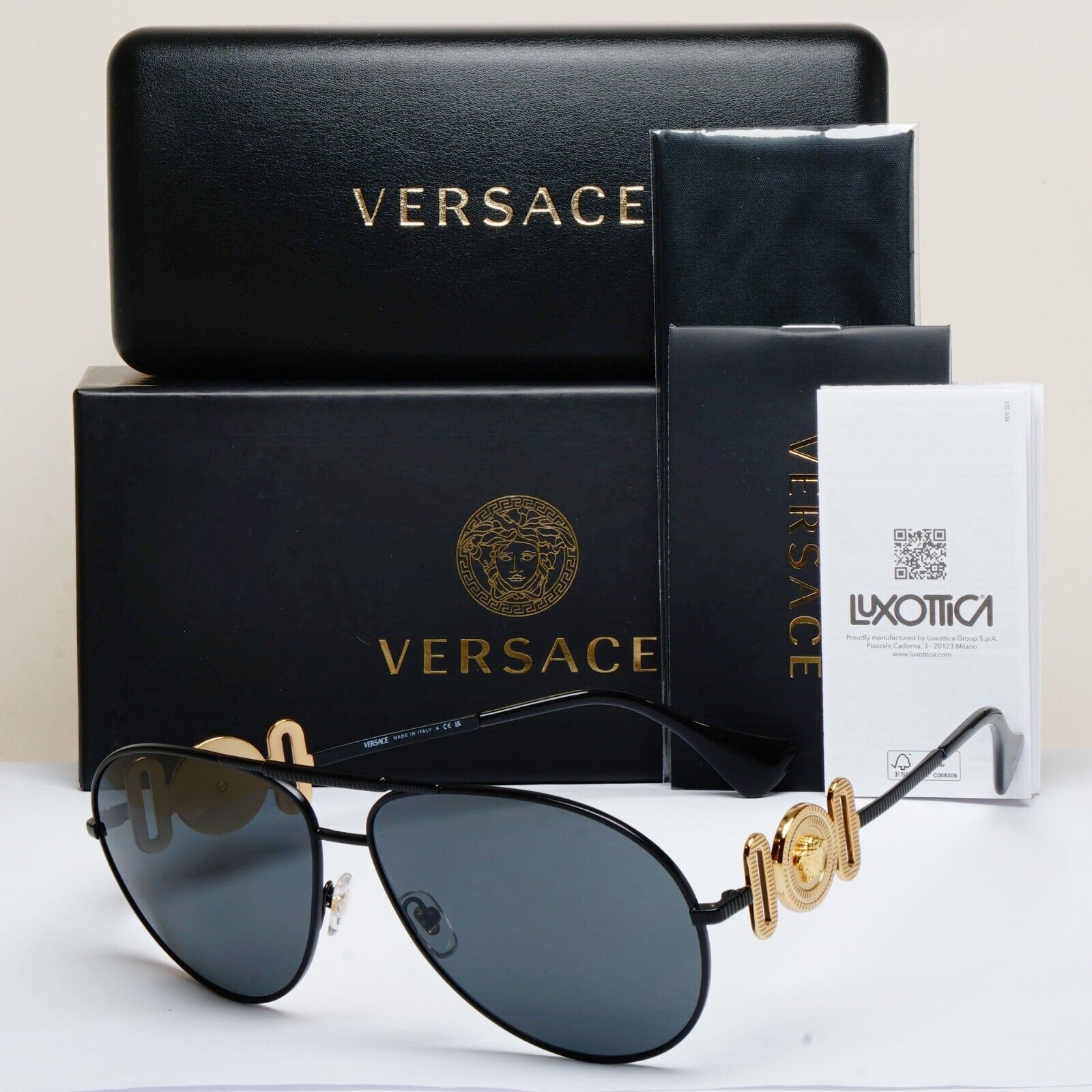 Versace Sunglasses Black Matte Gold Medusa Pilot MOD VE 2249 1261/87 65mm