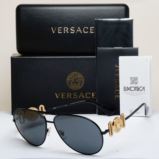 Versace Sunglasses Black Matte Gold Medusa Pilot MOD VE 2249 1261/87 65mm