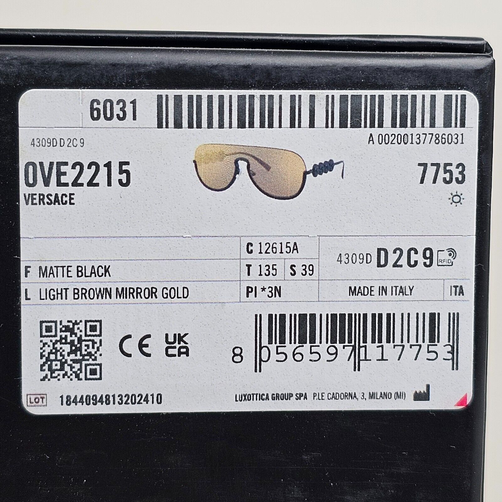 Versace Sunglasses Black Gold Mirror Shield Medusa MOD VE 2215 1261/5A