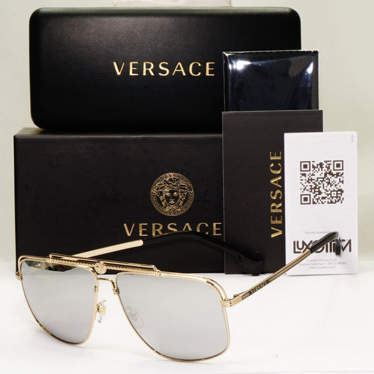 Versace Sunglasses Gold Silver Mirror Square Pilot Metal MOD VE 2242 1252/6G