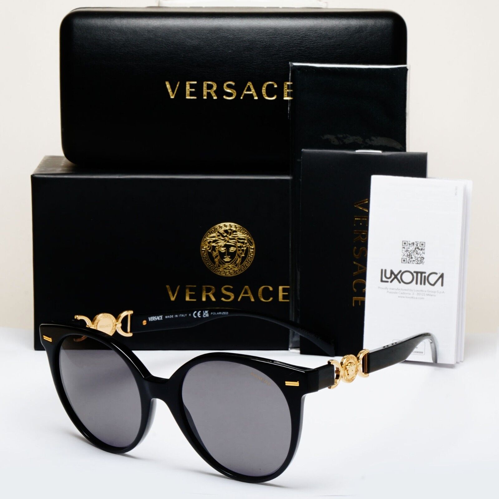 Versace Sunglasses Polarized Black Gold Medusa Grey Round MOD VE 4442 GB1/81