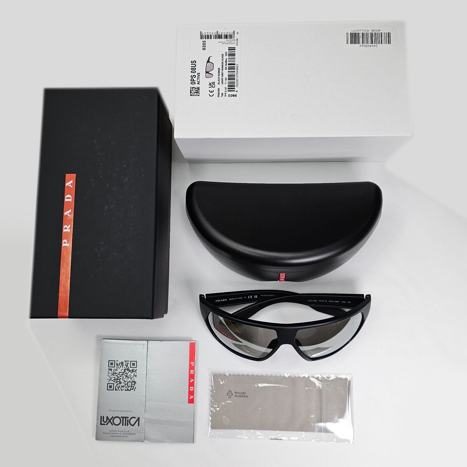Prada Sunglasses Black Silver Mirror Rubber Wrap PS08US SPS 08U DG0-2B0