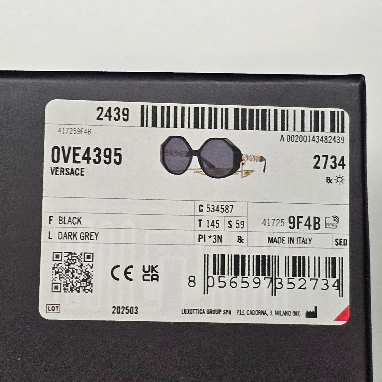 Versace Sunglasses Chain Gold Black Square Octagon Oversized MOD 4395 5345/87