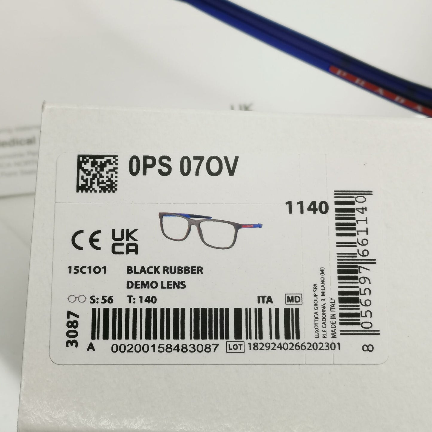 Prada Sunglasses Black Blue Rubber Square Red Stripe PS07OV VPS 07O 15C-1O1 56mm