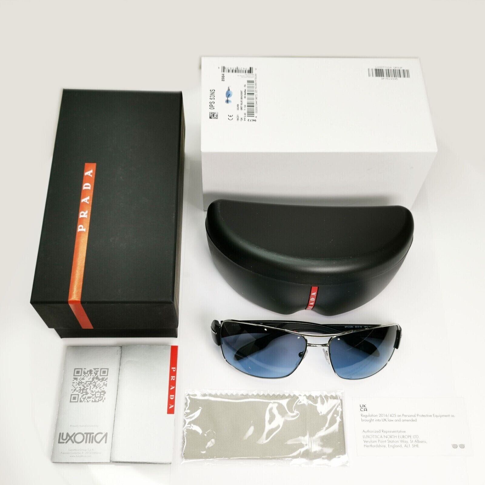 Prada Blue Black Sunglasses Silver Gradient SPS 53N 1BC-5I1 Red Stripe 061223