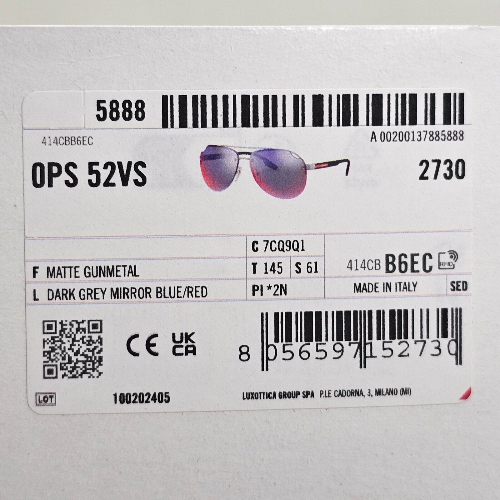 Prada Sunglasses Pilot Gunmetal Black Red Grey Mirror PS52VS SPS 52V 7CQ-9Q1