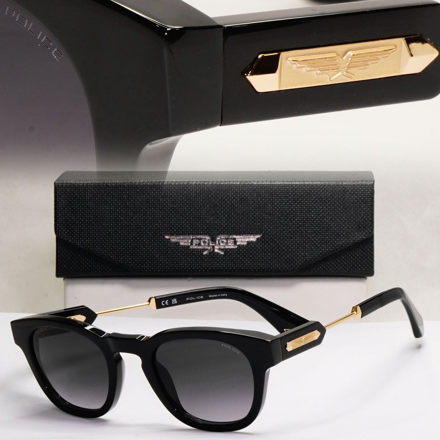 Police Sunglasses Black Gold Grey Gradient Thick Rim SPL F70 Prince 1 COL 0700