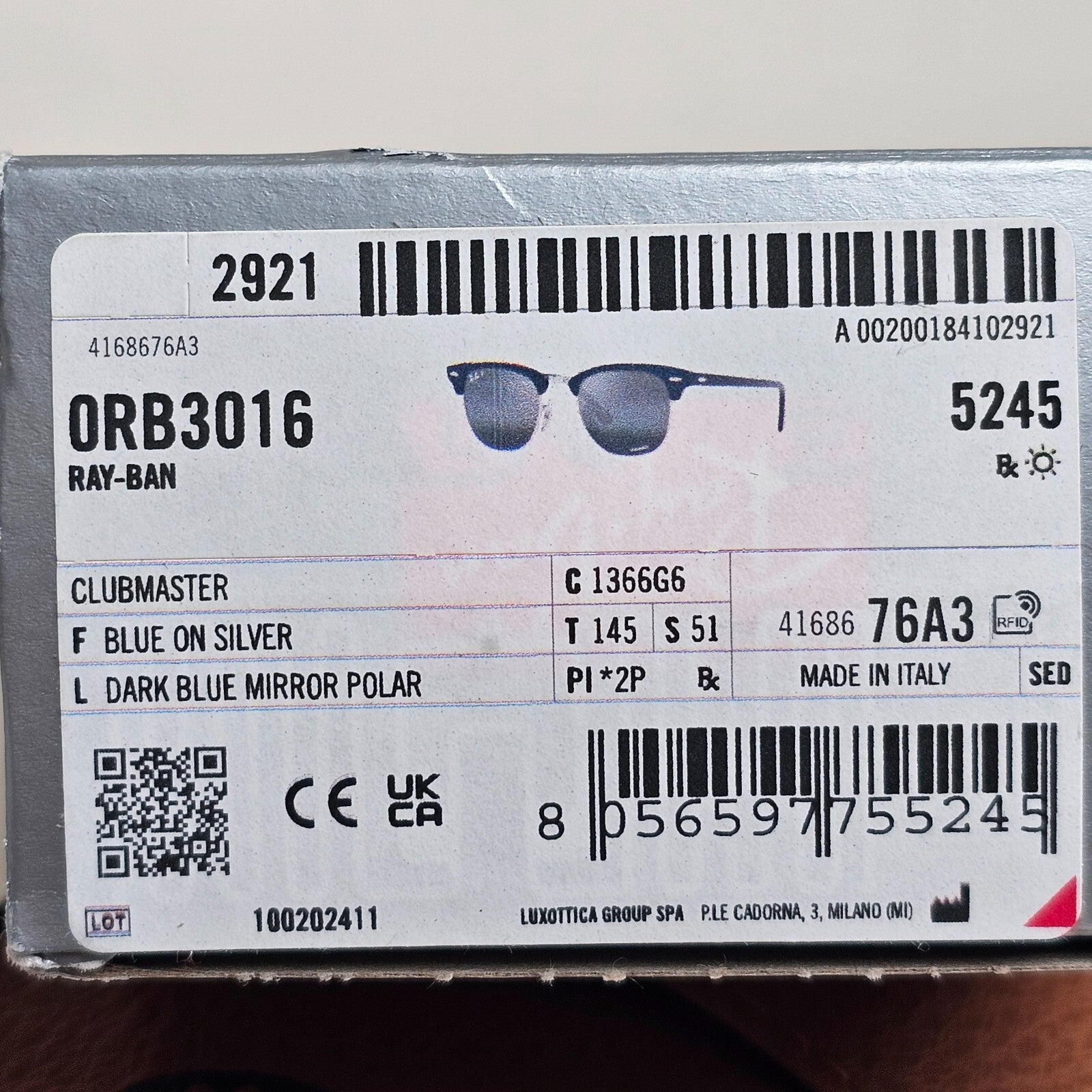 Ray-Ban Sunglasses Clubmaster Polarised Blue Chromance Mirror RB 3016 1366/G6