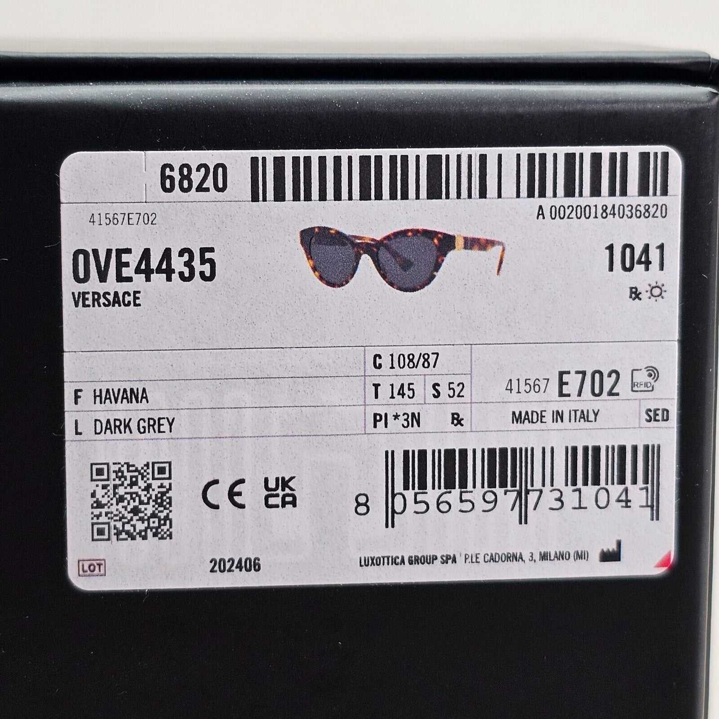 Versace Sunglasses Tortoise Havana Brown Grey Cat Eye MOD VE 4435 108/87 52mm