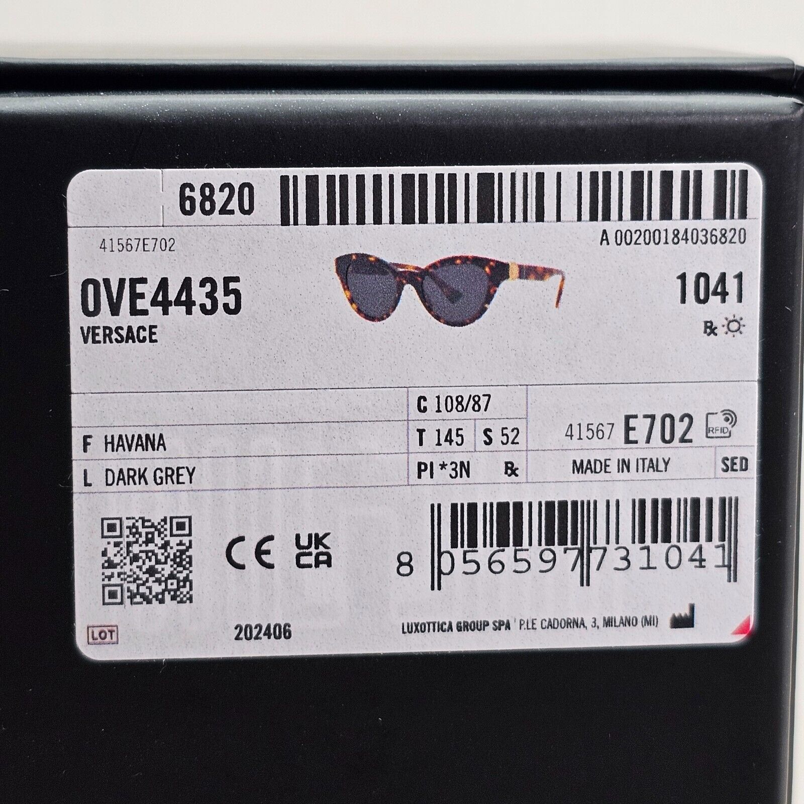 Versace Sunglasses Tortoise Havana Brown Grey Cat Eye MOD VE 4435 108/87 52mm