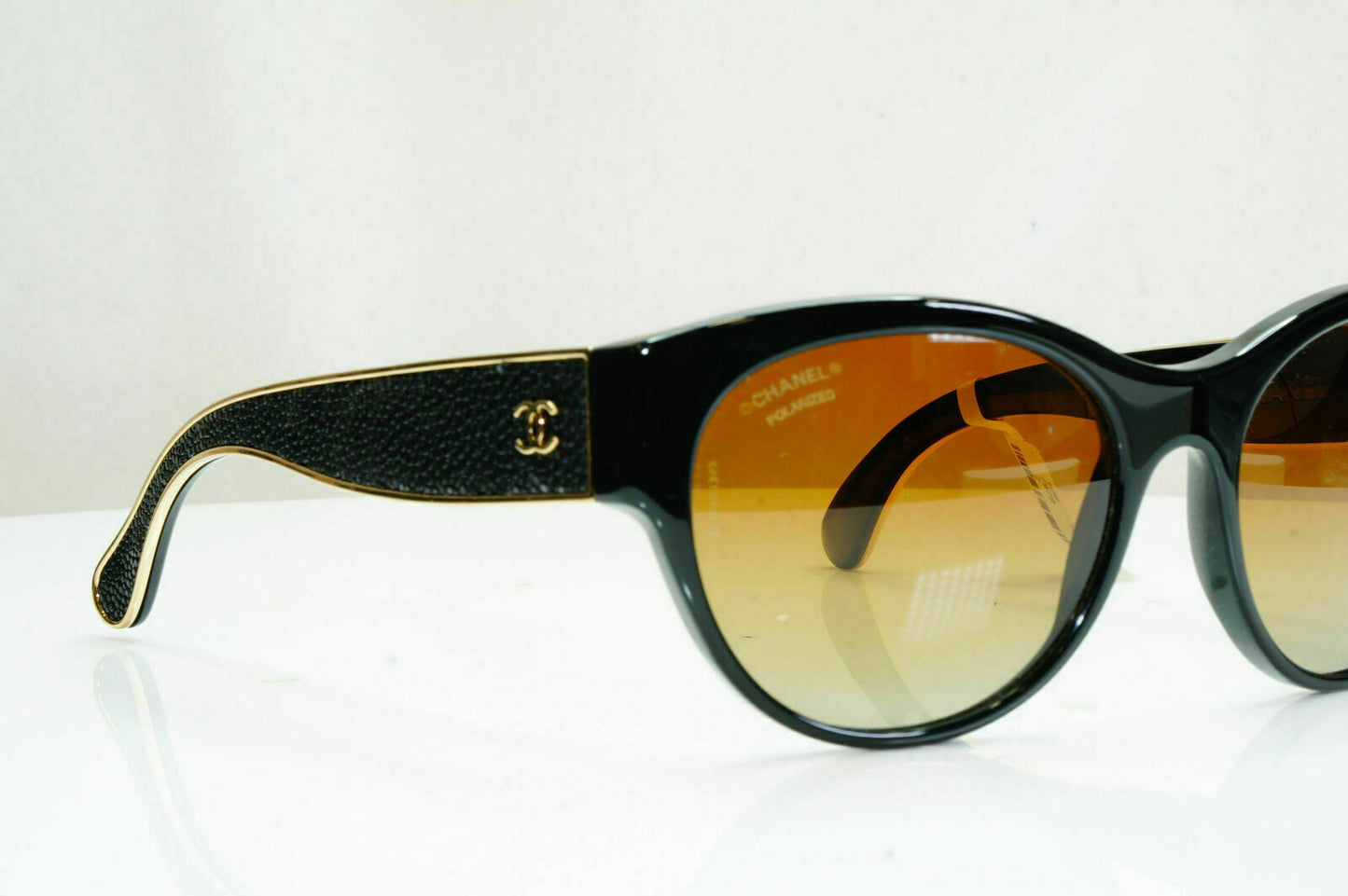 Chanel Polarized Stingray Leather Sunglasses Black Gold Womens 5273 622/S0 26743
