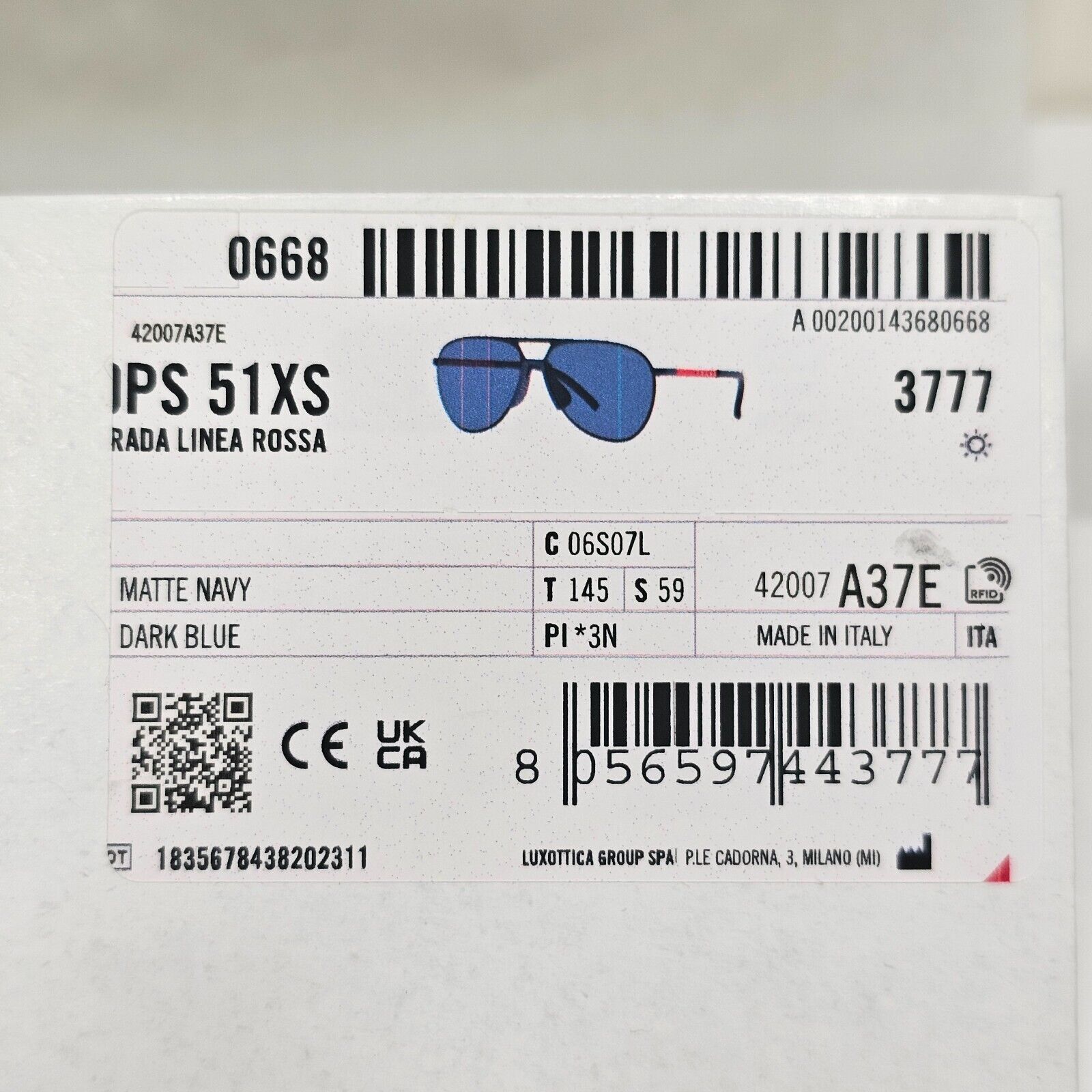 Prada Sunglasses Pilot Blue Navy Matte Metal PS51XS SPS 51X 06S-07L 59mm