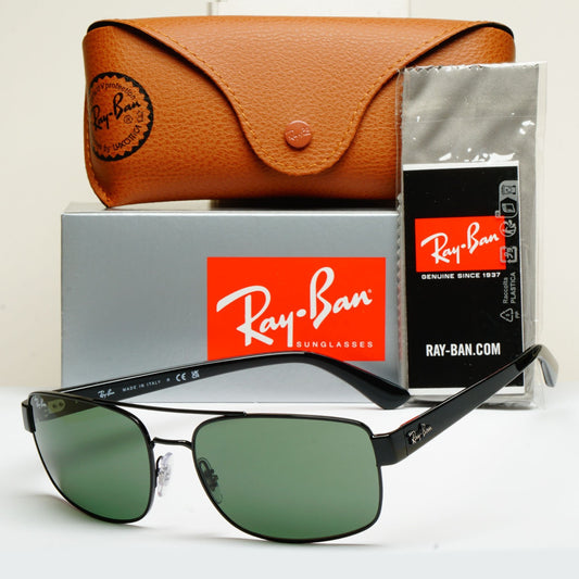 Ray-Ban Sunglasses Black Green Square Pilot Navigator RB 3687 002/31 61mm