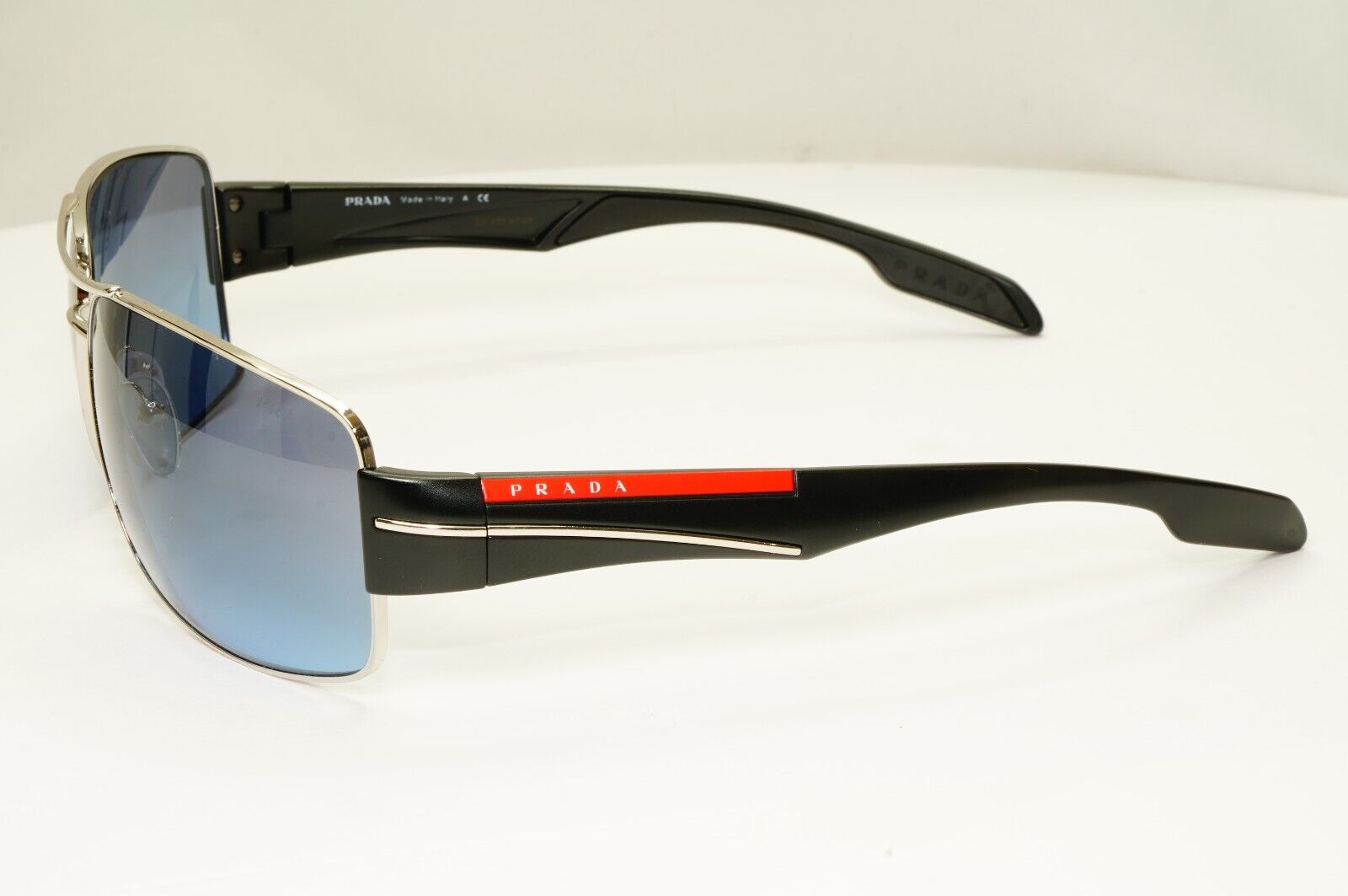 Prada Blue Black Sunglasses Silver Metal Gradient SPS 53N 1BC-5I1 Red Stripe