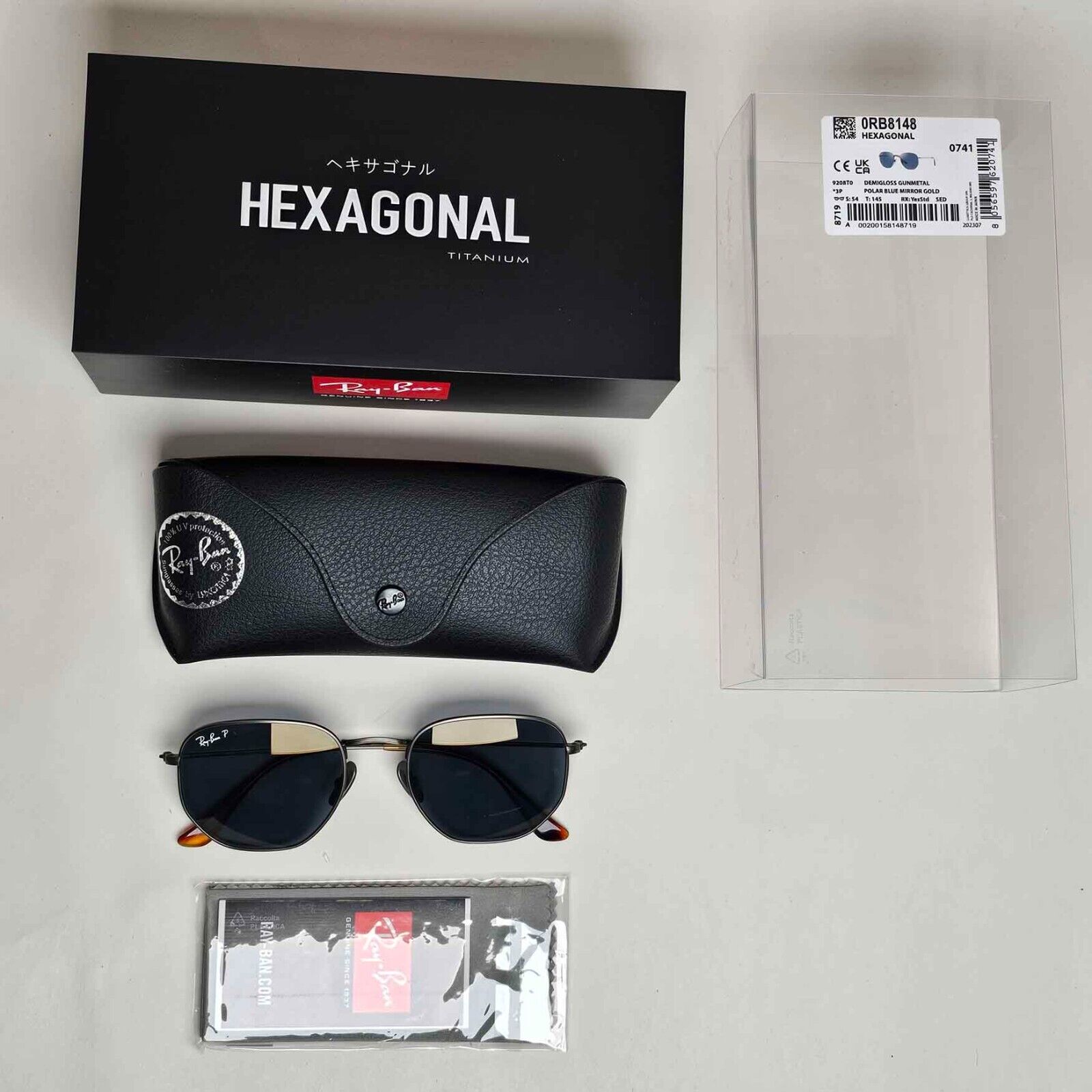 Ray-Ban Sunglasses Hexagonal Titanium Polarised Grey Blue RB 8148 9208/T0 54mm