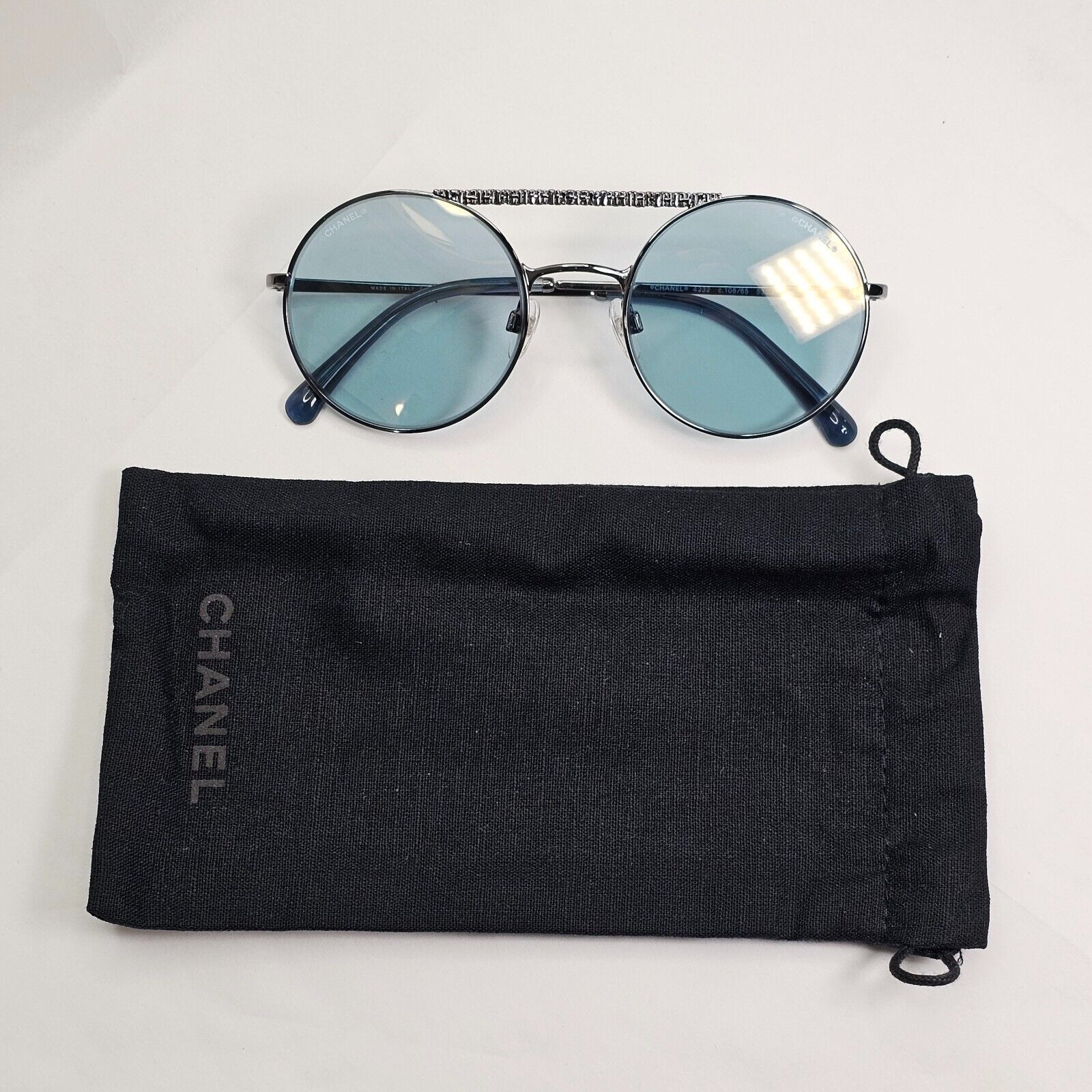 Chanel Sunglasses Blue Grey Gunmetal Round Pilot Metal 4232 c.108/65 200324