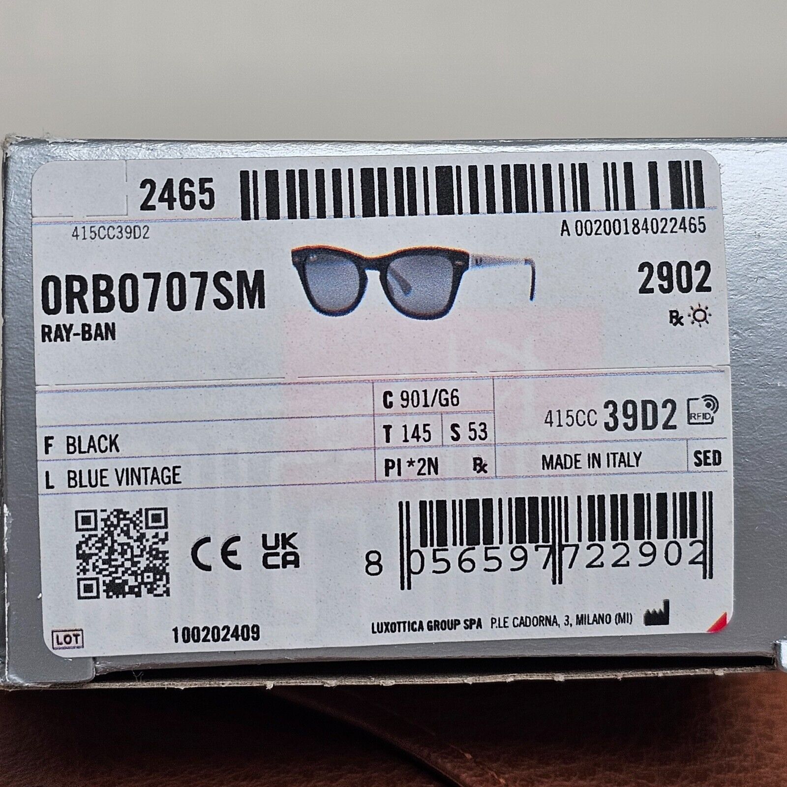 Ray-Ban Sunglasses Black Gunmetal Grey Mirrored RB 0707SM 901/G6 53mm