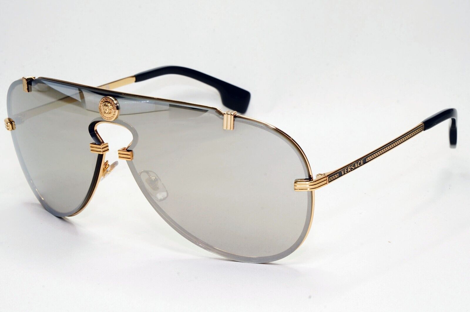 Versace Sunglasses Gold Silver Mirror Medusa Pilot Shield MOD VE 2243 1002/6G