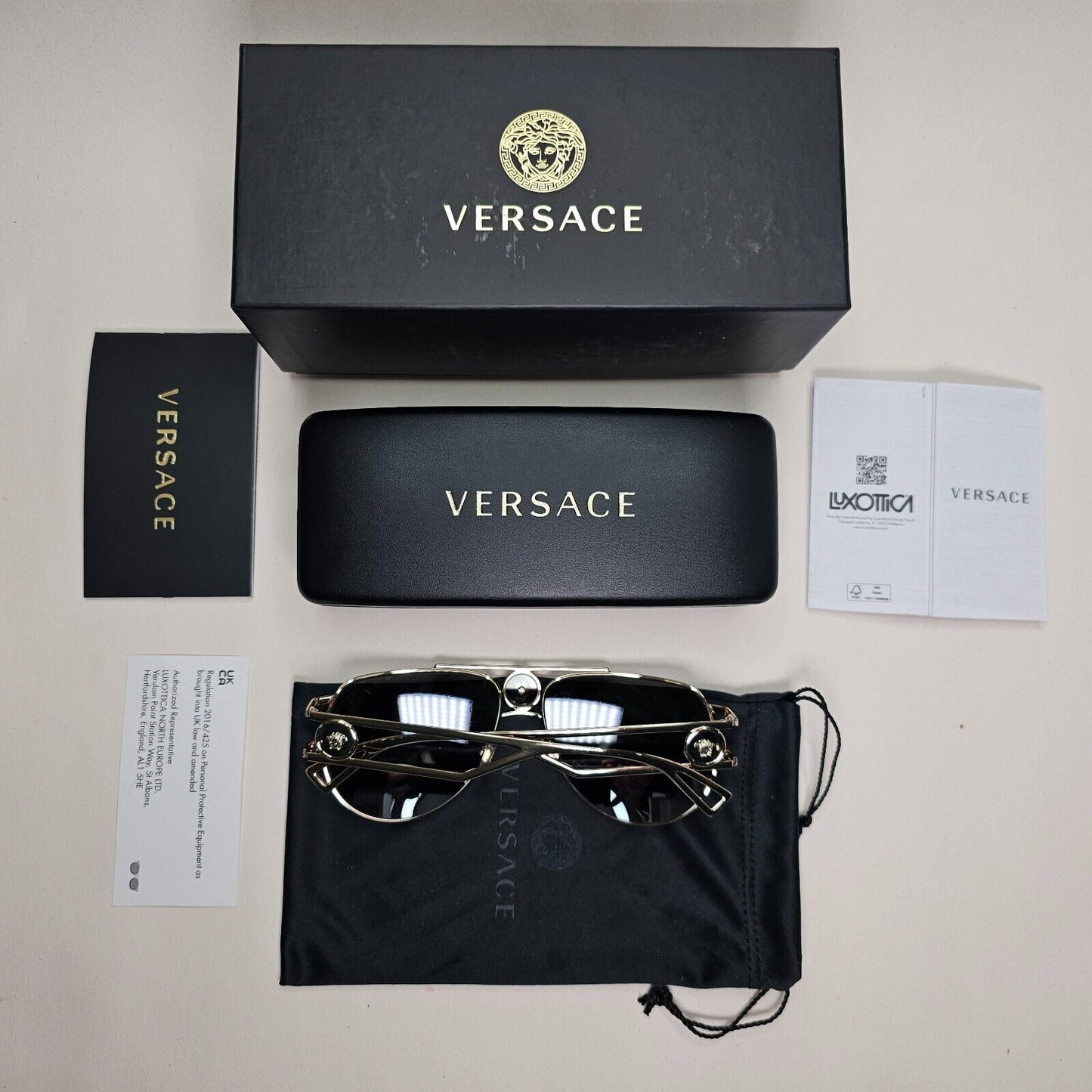 Versace Sunglasses Gold Silver Mirror Pilot Navigator MOD VE2225 1252/6G 60mm