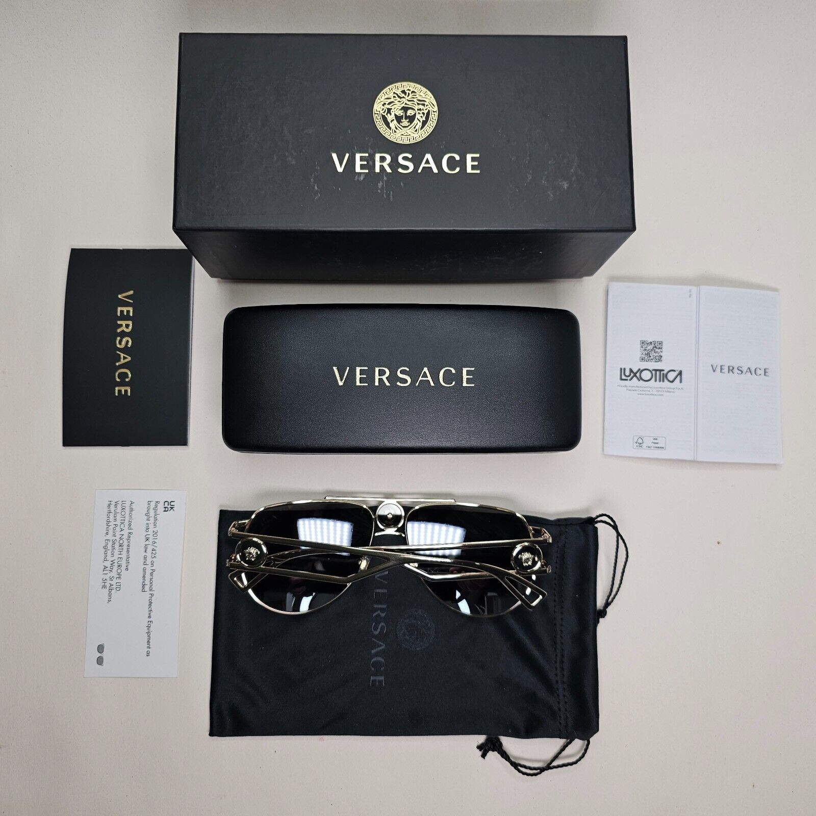 Versace Sunglasses Gold Silver Mirror Pilot Navigator MOD VE2225 1252/6G 60mm