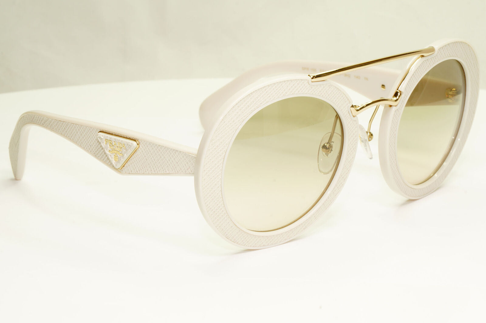 Prada White Ivory Ornate Sunglasses Leather Triangle Gold PR15SS SPR 15S UFP-3H2