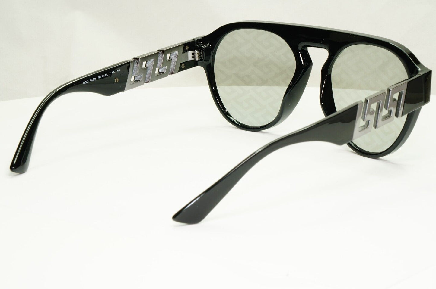 Versace Monogram Mirror Sunglasses Black Silver Pattern Pilot VE 4420 GB1/AL