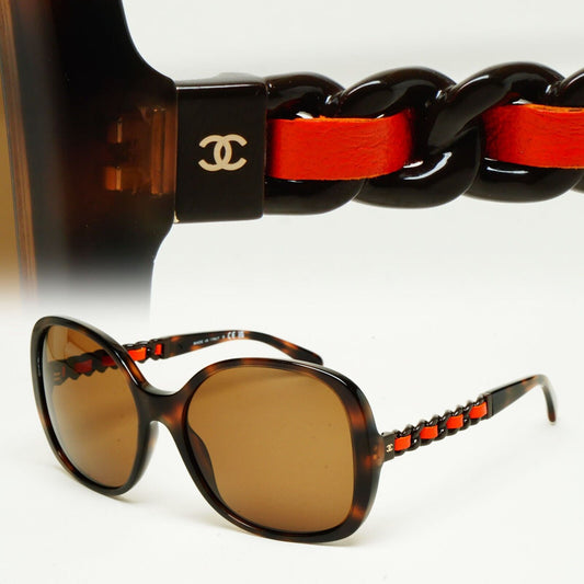 Chanel Sunglasses Brown Leather Chain Tortoise Square 5470-Q c.1761/S5 310125