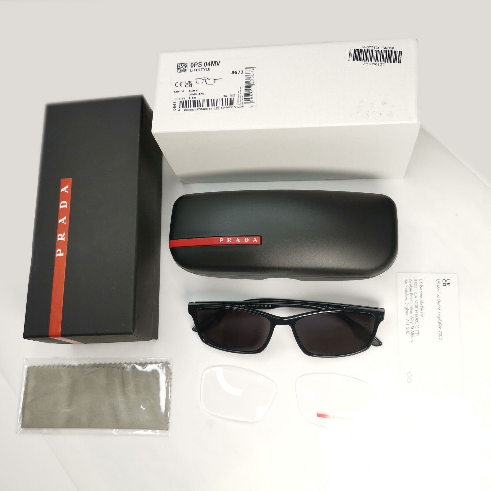 Prada Sunglasses Black Rectangle Glossy Red Stripe PS04MV VPS 04M 1AB-1O1 56mm